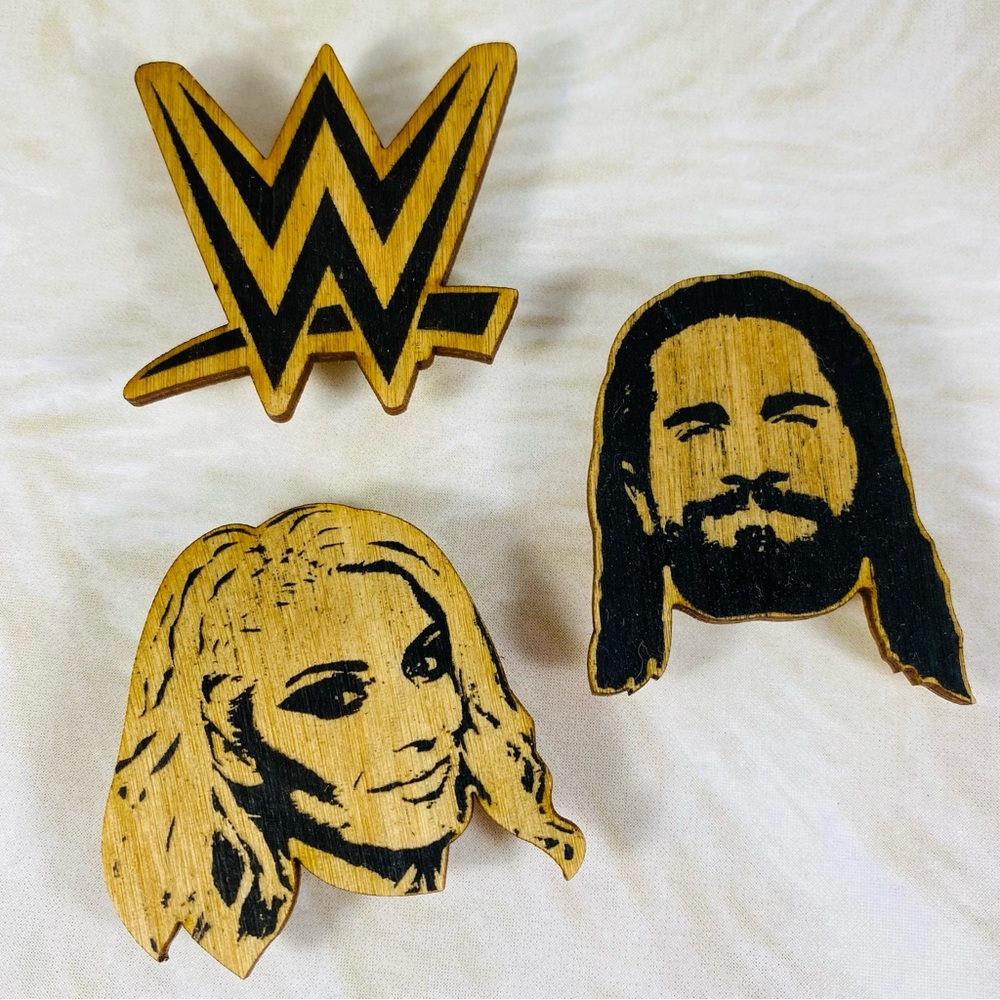 RARE Laser cut wood WWE Superstar lapel pins Alexa Bliss Seth Rollins WWE Logo
